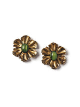 Green Stripe Flower Button Earrings