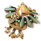 Little Bird on Golden Branch with Pearl Drops – Handmade Vintage Bird Brooch