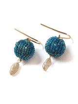 Azure beaded Sphere & Baroque Pearl Earrings: