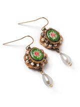 Vintage Green Rose Cabochon Earrings w/ Sequins & Pearl Accents