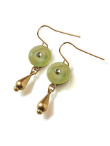 Vintage Mint Button & Brass Drop Earrings