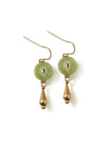 Vintage Mint Button & Brass Drop Earrings