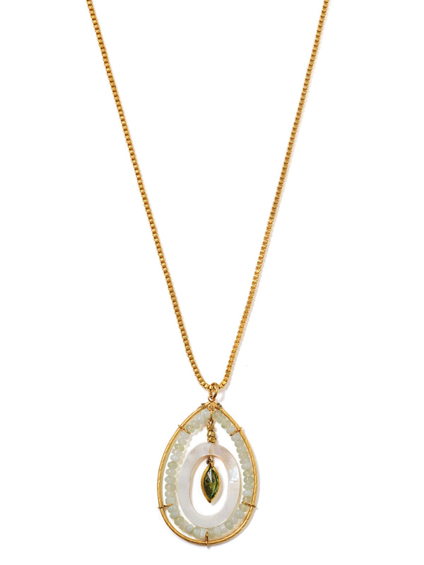 Beaded teardrop shaped pendant on box chain in bright gold