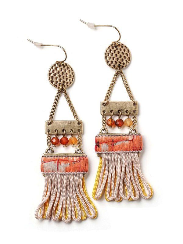 front view of ladder style earrings with ribbon detail and tassels