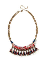 short bib necklace with wrapped chirimen ribbons, beaded dangles, and bright gold chain