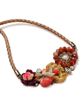 Closeup view of a brightly colored and textured necklace