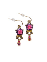 drop earrings with green velvet, purple applique, and pink resin flowers