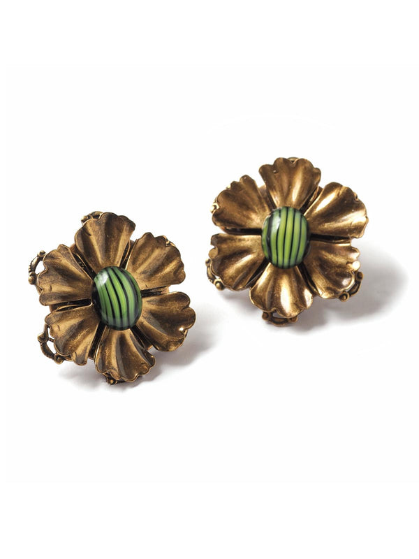 Green Stripe Flower Button Earring