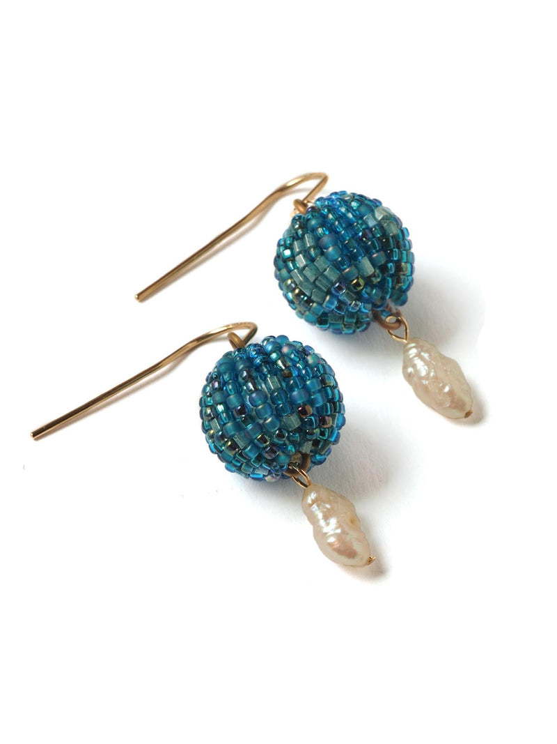 Azure beaded Sphere &amp; Baroque Pearl Earrings: