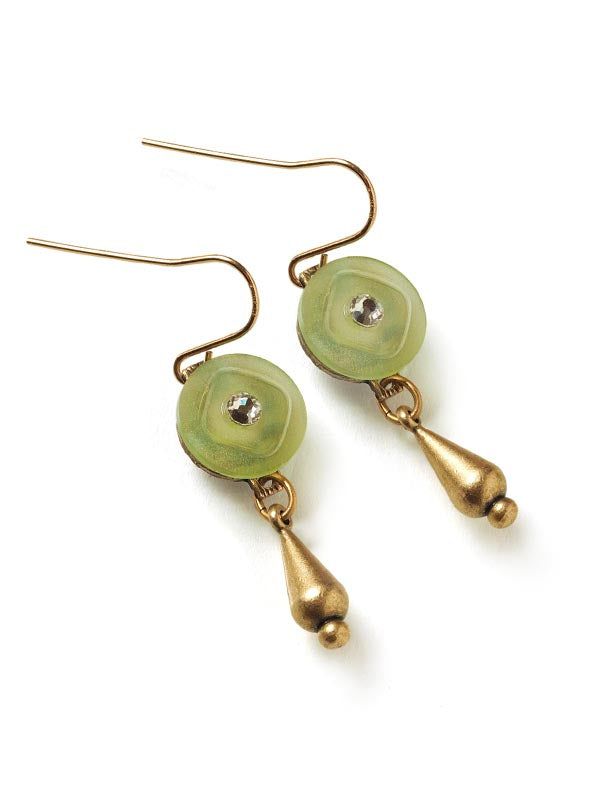 Vintage Mint Button & Brass Drop Earrings