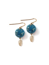 Azure beaded Sphere &amp; Baroque Pearl Earrings: