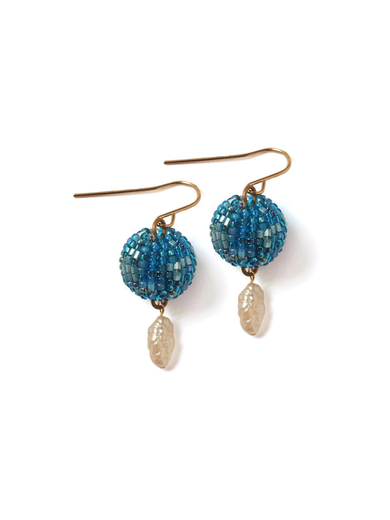 Azure beaded Sphere &amp; Baroque Pearl Earrings: