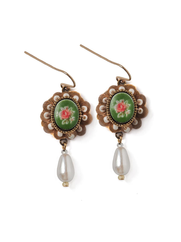 Vintage Green Rose Cabochon Earrings w/ Sequins & Pearl Accents