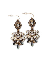 Front view of a pair of ornate statement earrings with rhinestone navettes and floral tops
