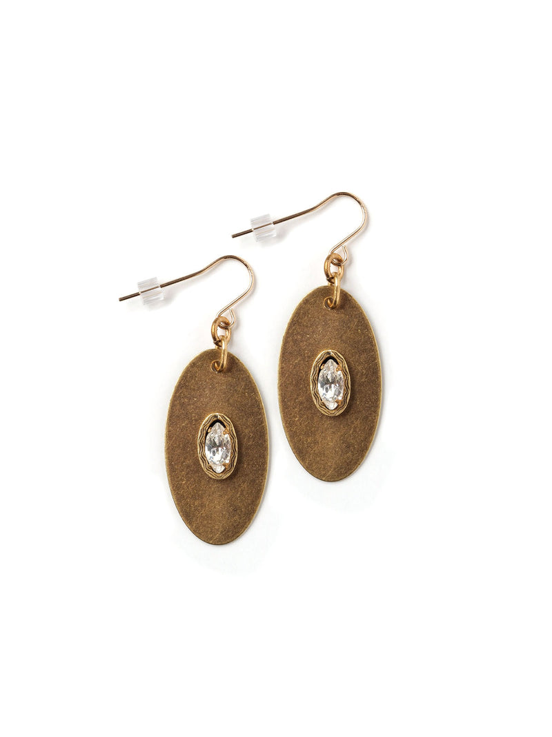 Front view of modern oval drop earrings in antique gold with rhinestone navette accents