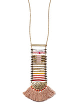 front view of a beaded ladder necklace in antique gold with tassels