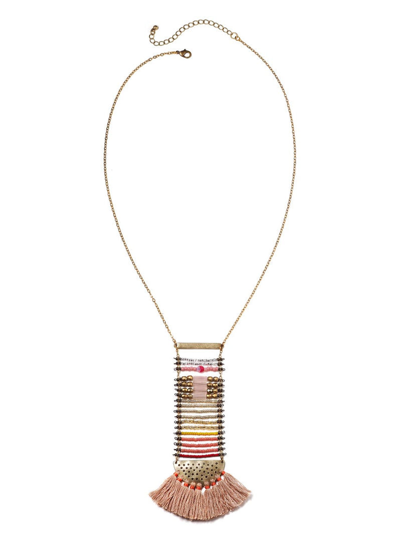 top down view of a beaded ladder necklace with tassels