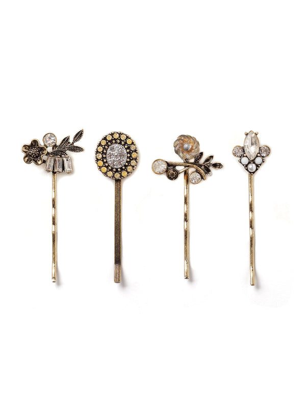 Floral Sparkle Assorted Hairpin Set In Antique Gold