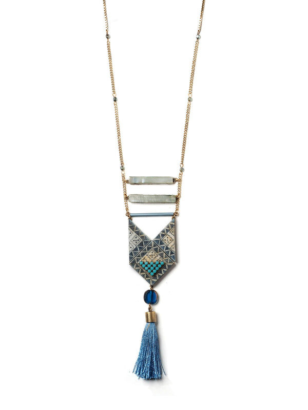 Blue Tile Necklace With Tassel #N09N