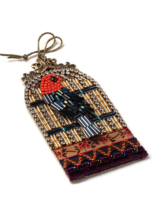 Bejeweled Bird Cage With Beaded Bird Christmas Ornament