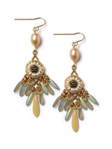 top-down of a pair earrings with multiple dagger drops, pearls, and beaded appliques