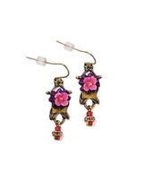 drop earrings with green velvet,  purple applique, and pink resin flowers